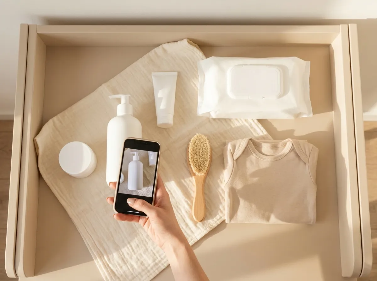 Vista superior de productos de bebé sobre el cambiador, una mano fotografiando la etiqueta con el celular