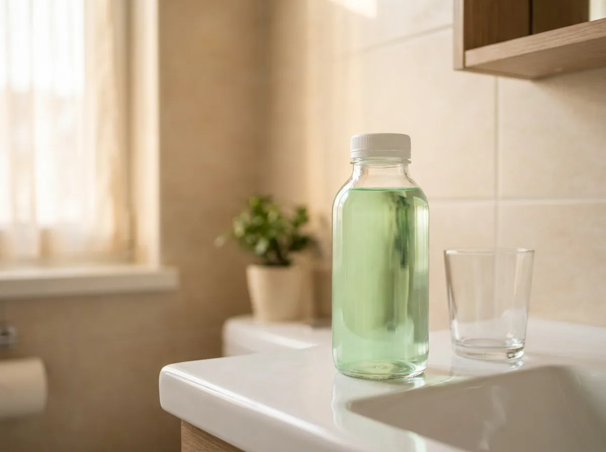 Imagen ilustrativa: botella de enjuague bucal transparente sin marca junto a un vaso