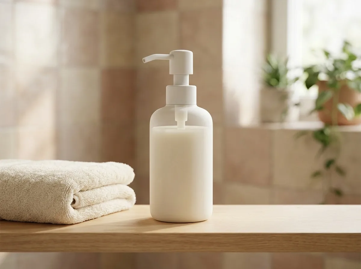 Imagen ilustrativa: botella dosificadora de gel de baño blanca sin marca