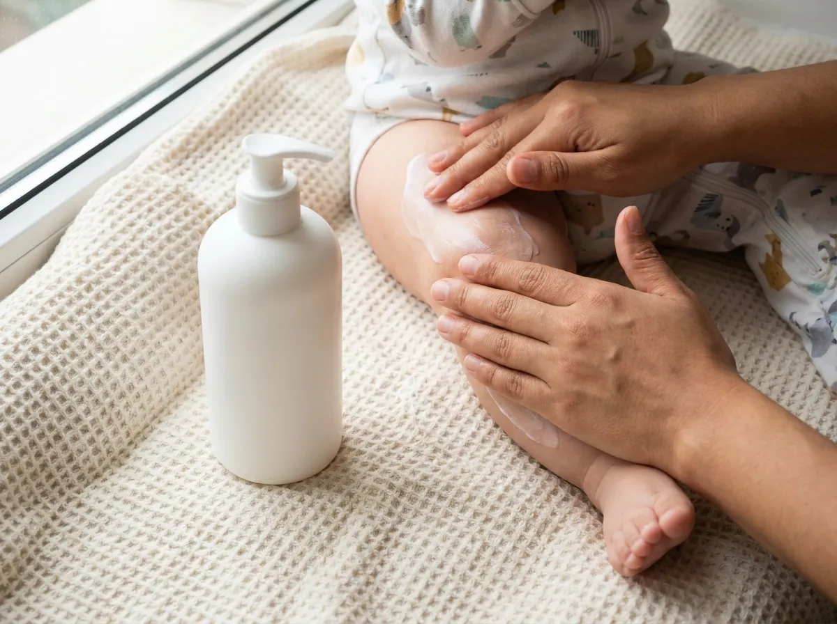 Manos de una madre aplicando crema hidratante en la pierna de su bebé